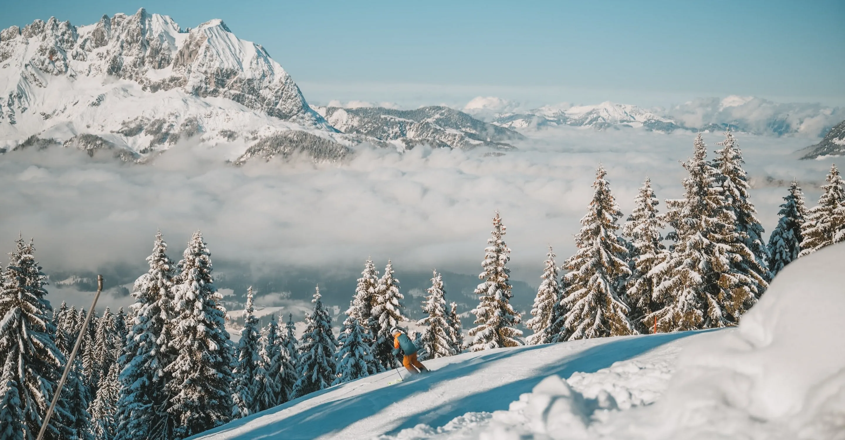 Schneebedeckte Berge und Wälder mit einem Skifahrer
