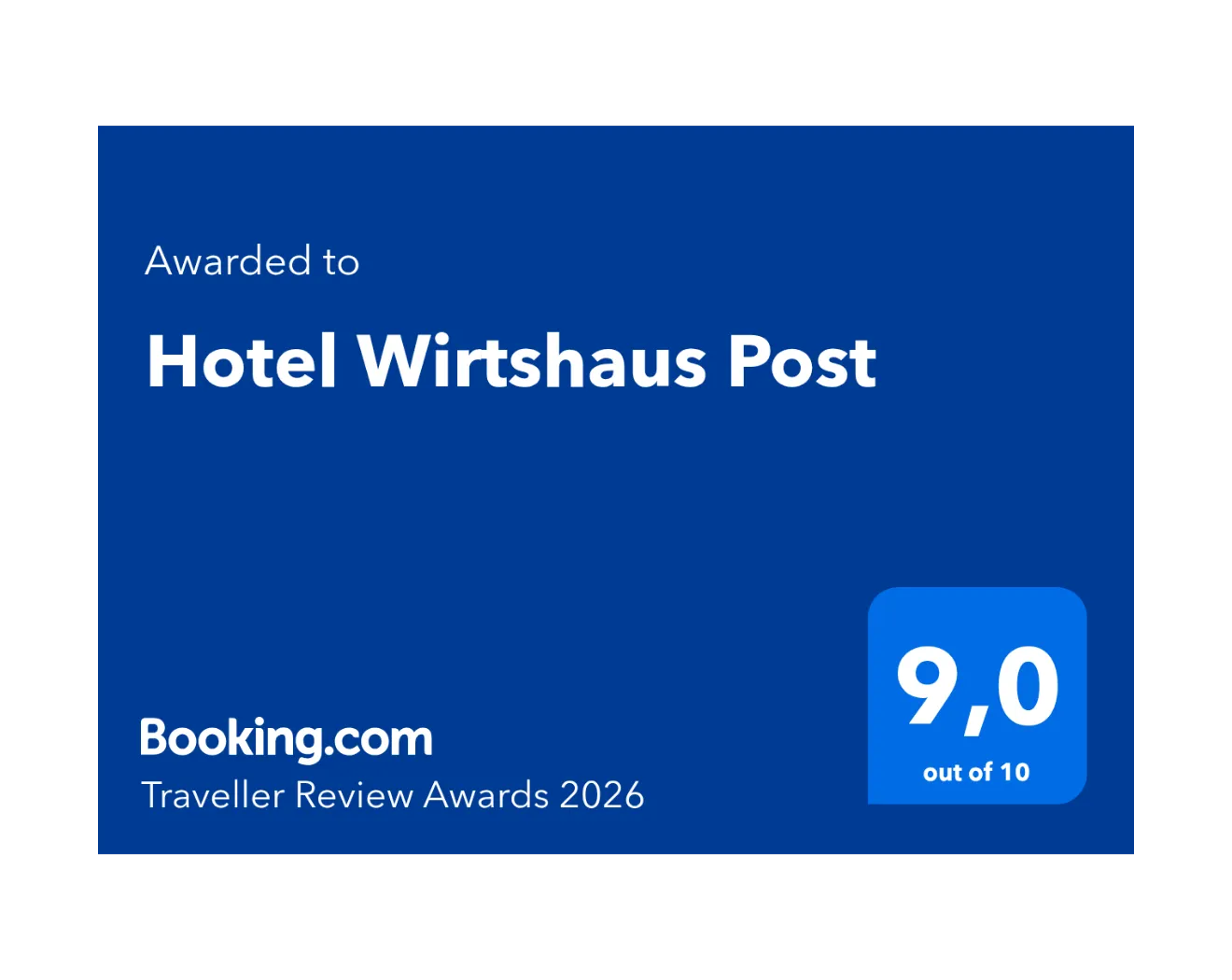 Auszeichnung für Hotel Wirthaus Post, 9 von 10 Punkten