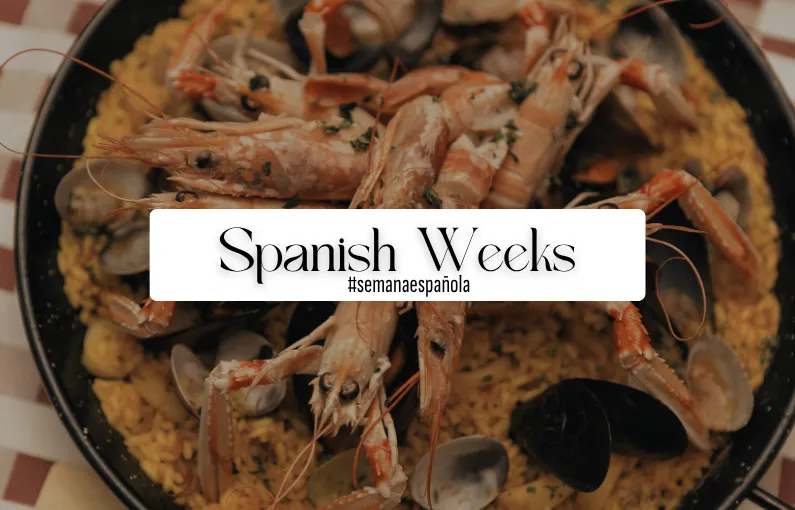 Seafood pasta with text 'Spanish Weeks'