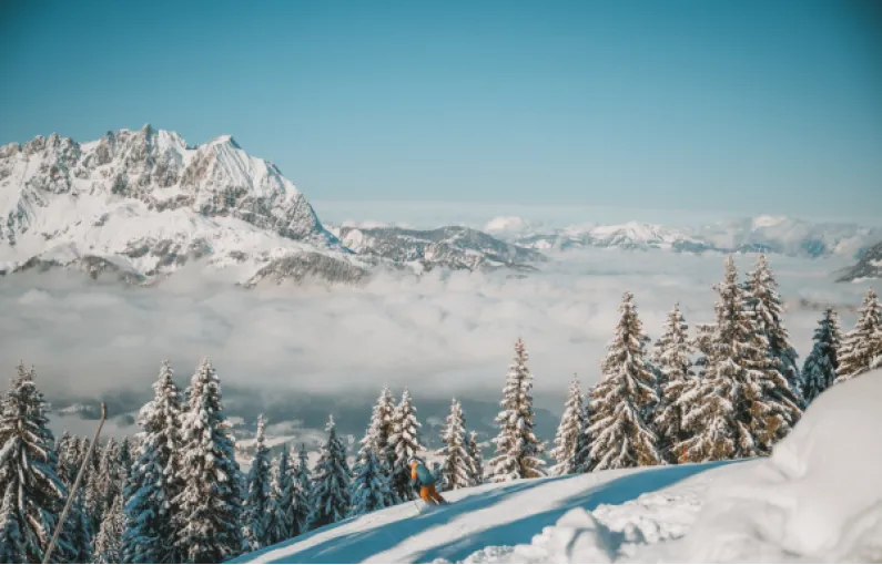 Snow-covered landscape with mountains and trees